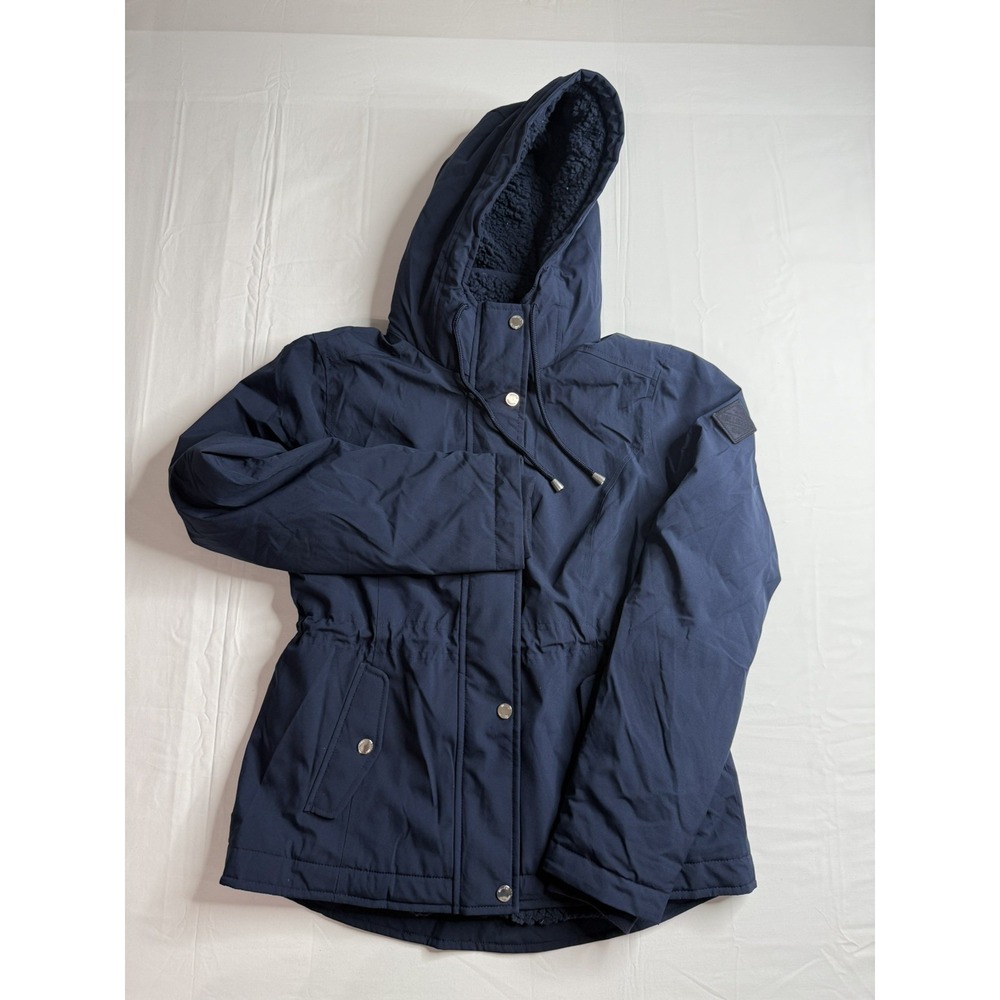 Hollister All Weather Winter Jacket Womens Medium Zip Snap Hooded Blue Sherpa